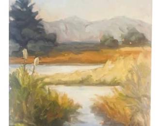 Oil On Board - By Darien Artist Britt Bair - Entitled "Holly Pond Through The Trees"