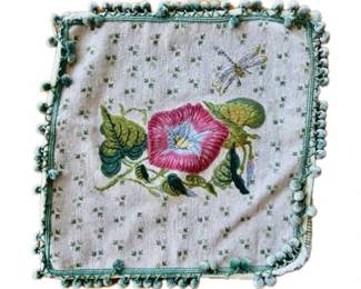 Needlepoint Pillow With Fringe & Silk Gingham Backing - Approx 21"