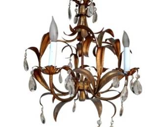 Chandelier - Italian Regency Style Gilt Metal Foliate With Faceted Crystals