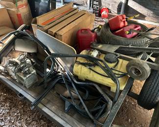Tires, golf  cart chargers, sprayer with trailer, gas cans
