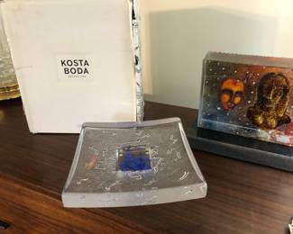 Rare Kosta Boda; Bertil Vallien; Never removed from box....plate and block with stand