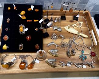 Baltic Amber; Tiffany & Co sterling ship wheel; Mexican sterling; Vintage turquoise