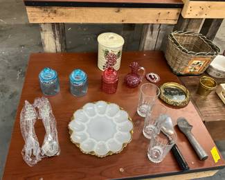 Apothecary Style Jars - Cabernet Rippled Canister - Milk Glass & Gold Egg Platter - Vtg Ice Cream Scoops