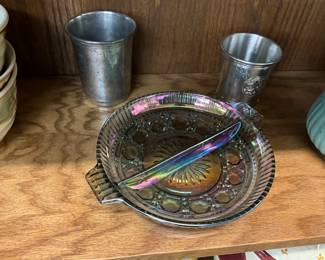 Iridescent Carnival Glass Divided Dish