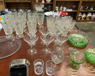 Glassware - Hazel Atlas Drinking Glasses & Sherbert Cups, Etched Glass Martini Glasses 