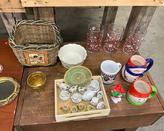 Wicker Basket - Miniature Tea Sets- Wood Tray - Greenbrier Hearts Drinking Glasses - Bay Island Mug - Royal Norfolk Mug - Royal Albert Mug - 