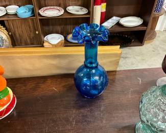 Chattanooga Choo Choo Train Blue Glass Ruffle Vase