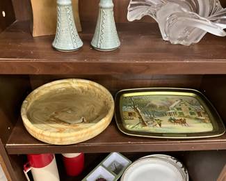 Weller Marbleized Art Pottery Bowl/Tray - Currier & Ives Metal Tray
