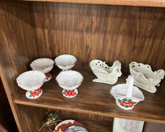 White Milk Glass Poinsettias Sherbert Bowls & Basket - Ceramic Ivory Sleighs