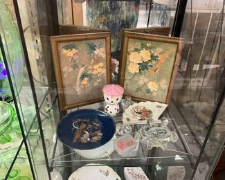 Oriental Framed Pictures - Japanese Decorative Plate - Anthropomorphic Kitschy Woman w/Hat Lid Egg Cup Holder - Fan Shaped Porcelain Plate - 