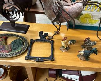 Cast Iron Rooster Trivet & Resin Chicken Figurines