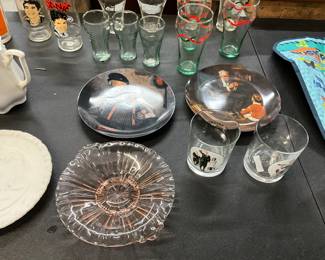Norman Rockwell Plates - Pink Depression Glass Dish - Norman Rockwell Drinking Glass
