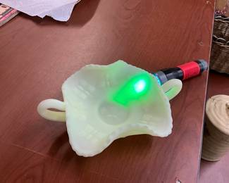 Uranium Fenton Glass Butterfly Handle Bonbon Dish