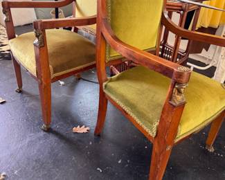 Empire green velvet chairs, a pair