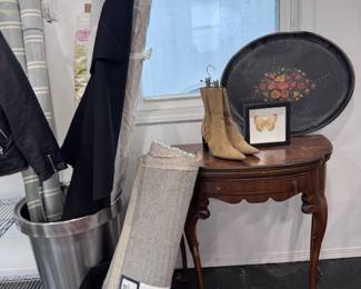 Antique tole tray, fabric, rugs, antique table