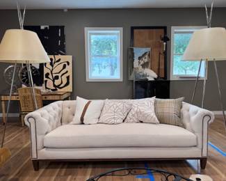 New Lee Chesterfield sofa, custom Scalamandre pillows 
