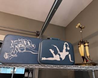 vintage hand painted suitcases /maitland smith horn lamp