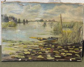 Antique Painting Pond View Artist Signed 