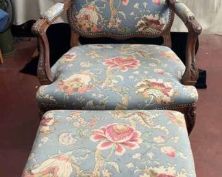 Louis XV Style Blue Floral Open Arm Chair With Foot Rest