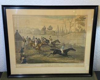 The First Hurdle, Handcolored Lithograph From The Last Race at the Kensington Hippodrome