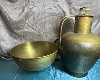 Antique Brass Jug With Handle And Brass Candy Kettle