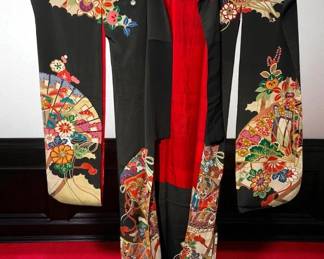 Vintage Fan Motif Silk Kimono Kurotomesode