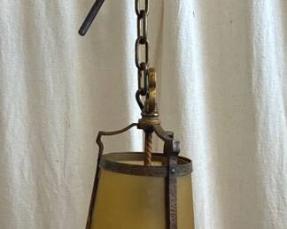 Early Arts Crafts Hammered Brass Fixture, Amber Glass shade 
