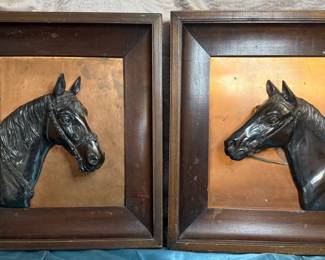 Pair Vintage Framed Copper Equestrian Horse Head in Relief