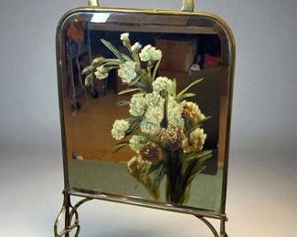 Antique Victorian Brass Floral Painted Mirror Fire Screen