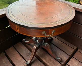 Duncan Phyfe Pedestal Drum Table w Leather Gilt Tooled Edge