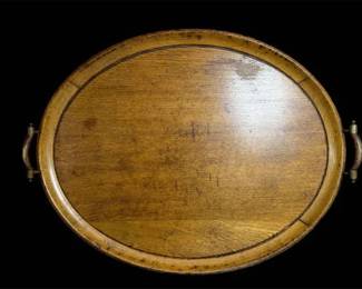 Antique Large Wooden Tray W Brass Handles