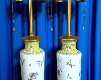 Pair of Chinese Famille Rose Lamps