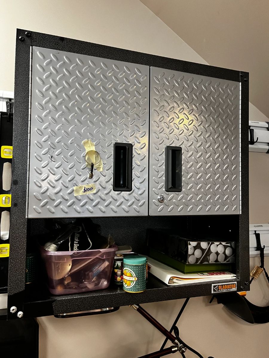 			
#424	Gladiator wall hanging shelf 28x12x28. With key 2 shelves	 $100.00 			
#425 shelf bracket for the wall shelves and hangers $50