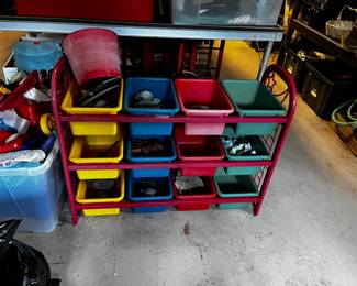 #460	metal stand with 12 colorful bins 34x11x24	 $30.00 			
