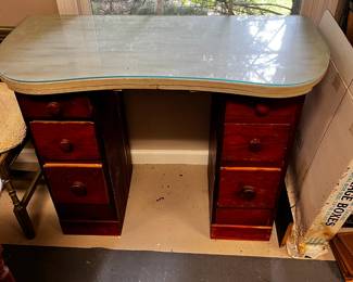 #438	Knee hole desk 6 drawer, glass top 40x19x30	 $45.00 			
