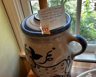 #533	Louisville stone wear polka dot cow butter churn with lid	 $64.00 			
