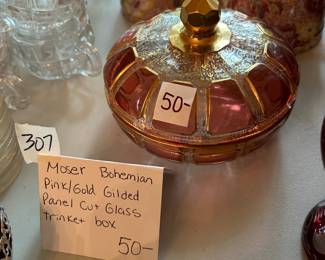 #307	Moser Bohemian Pink/Gold gilded planet cut glass trinket box	 $25.00 			
