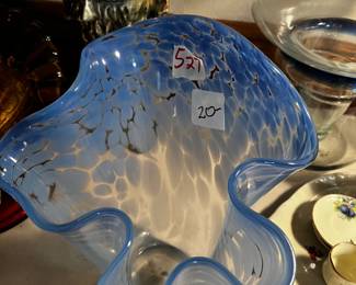 #527	blue blown glass wavy vase	 $20.00 			
