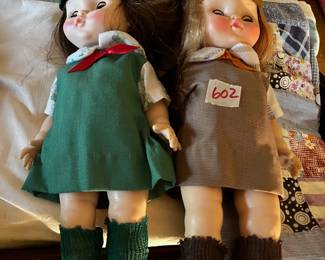 #602	Brownie and Girl Scout dolls, as is, brownie is missing shoe	 $30.00 			
