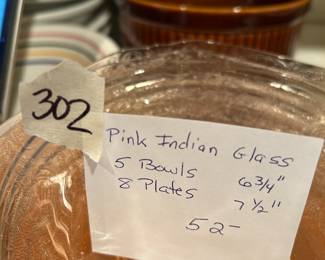 #302	Pink Indian Glass 5 Bowls, 8 Plates	 $26.00 	   		
