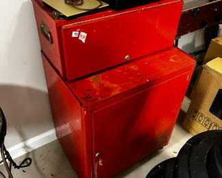 #430	Red metal cabinet w 1 door, key and flip up door 21x15x33	 $40.00 			
