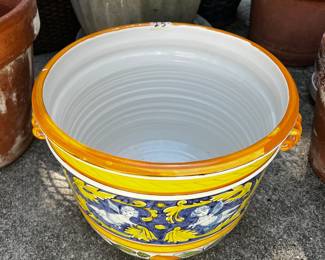 #624 outside yellow and blue large pot $25.00