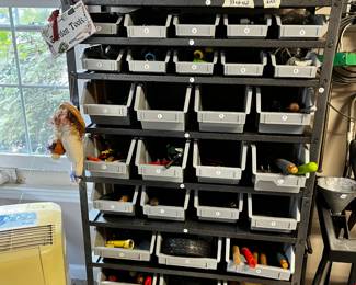 #458	metal shelves with 36 bins 33x16x62	 $150.00 			
