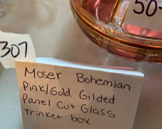 #307	Moser Bohemian Pink/Gold gilded planet cut glass trinket box	 $25.00 			
