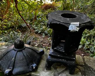 #628 outside Concrete painted black lantern (3) piece as is some chips $30.00