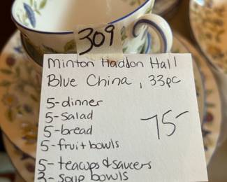 #309	Minton Haddon Hall blue China 33 pcs 	 $37.5 			
