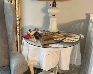 Round White Side Table, Milk Glass lamp