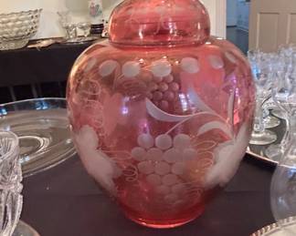Cranberry Flashed Ginger Jar, Graph Motif