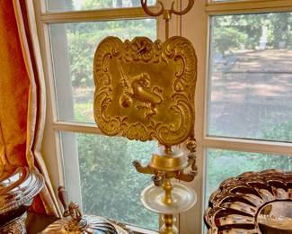 English Brass Candelabra with Fire Guard