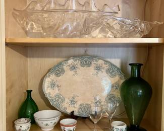 Green Transferware Platter, Green Blenko Glass Bottles